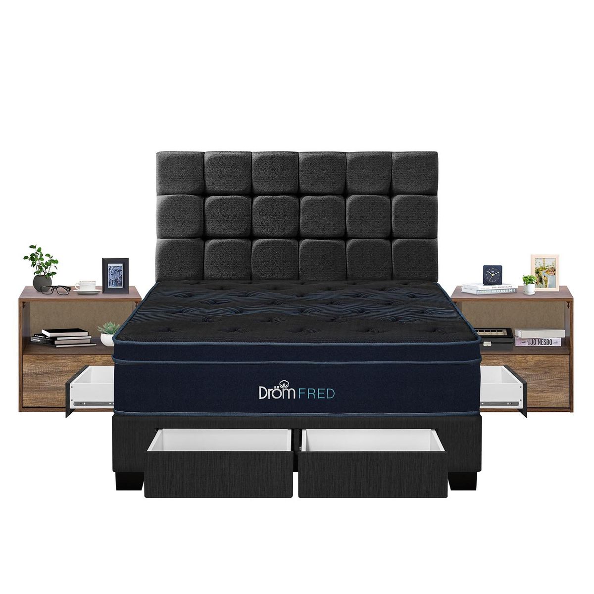 DROM - Dormitorio con Cajones Fred Queen + 2 Veladores Negro