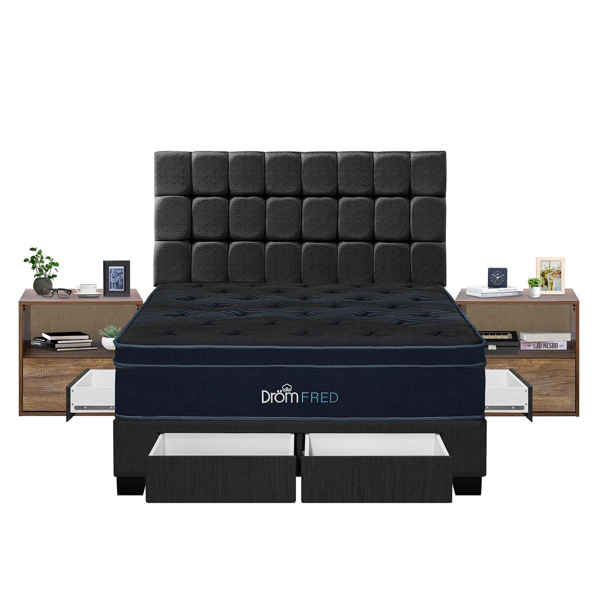 DROM - Dormitorio con Cajones Fred King + 2 Almohadas Viscoelásticas y Protector + 2 Veladores