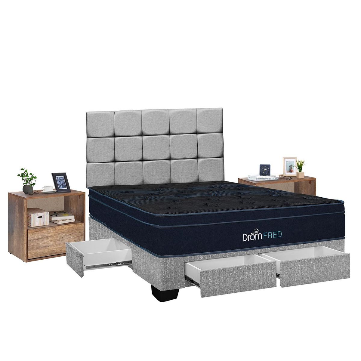 DROM - Dormitorio con Cajones Fred  2Plz + 2 Veladores + 2 Almohadas Viscoelásticas y Protector
