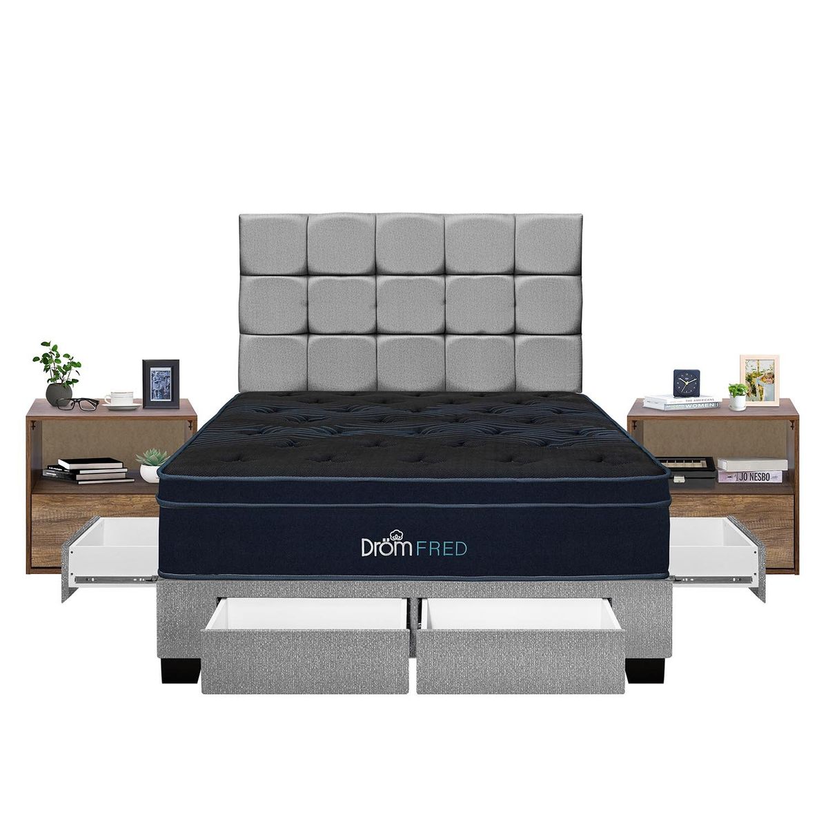DROM - Dormitorio con Cajones Fred  2Plz + 2 Veladores + 2 Almohadas Viscoelásticas y Protector