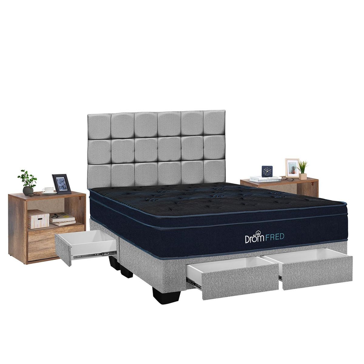 DROM - Dormitorio con Cajones Fred Gris Queen + 2 Almohadas Viscoelásticas y Protector + 2 Veladores