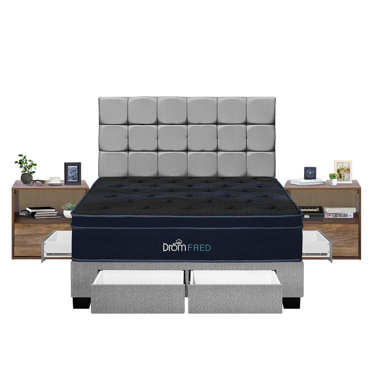 DROM - Dormitorio con Cajones Fred Gris Queen + 2 Almohadas Viscoelásticas y Protector + 2 Veladores