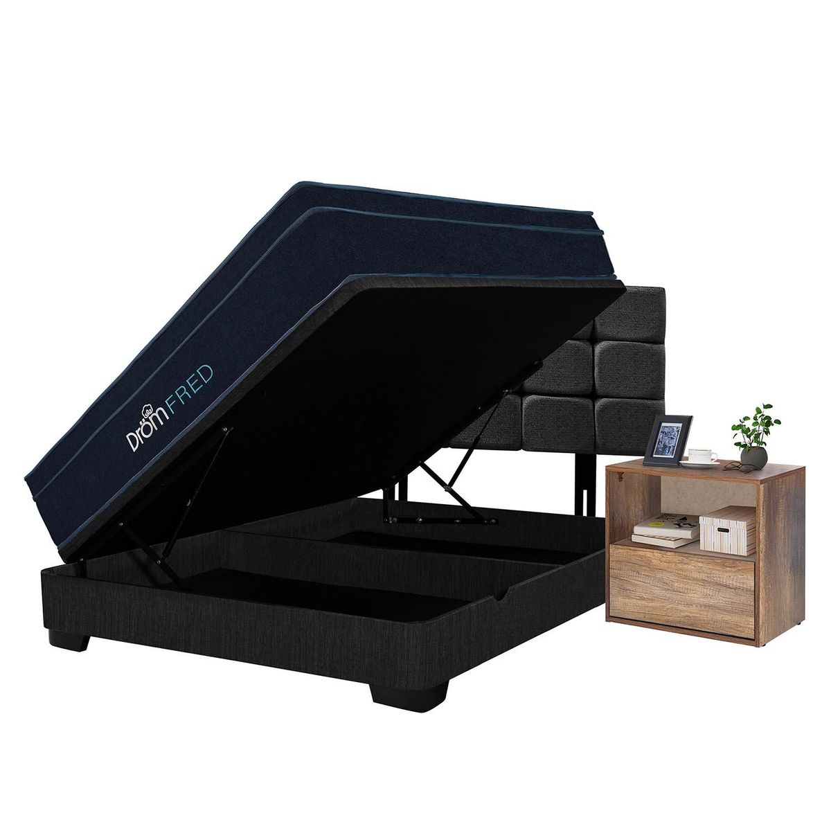DROM - Dormitorio Boxet Fred 2Plz + 2 Veladores + 2 Almohadas Viscoelásticas y Protector