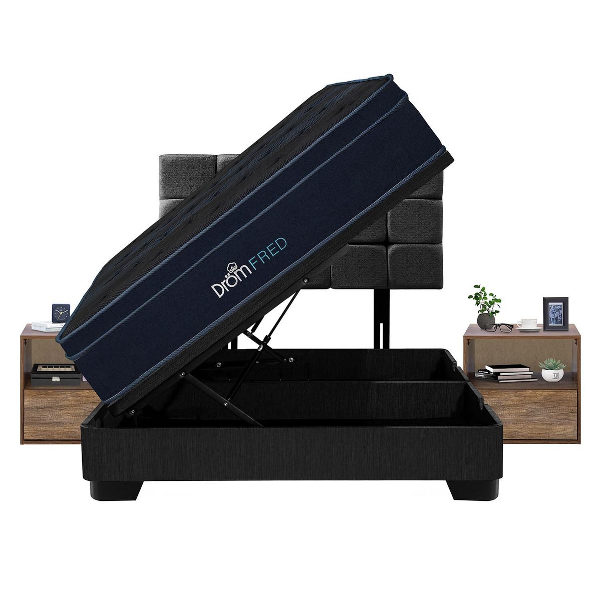 DROM - Dormitorio Boxet Fred 2Plz + 2 Veladores + 2 Almohadas Viscoelásticas y Protector