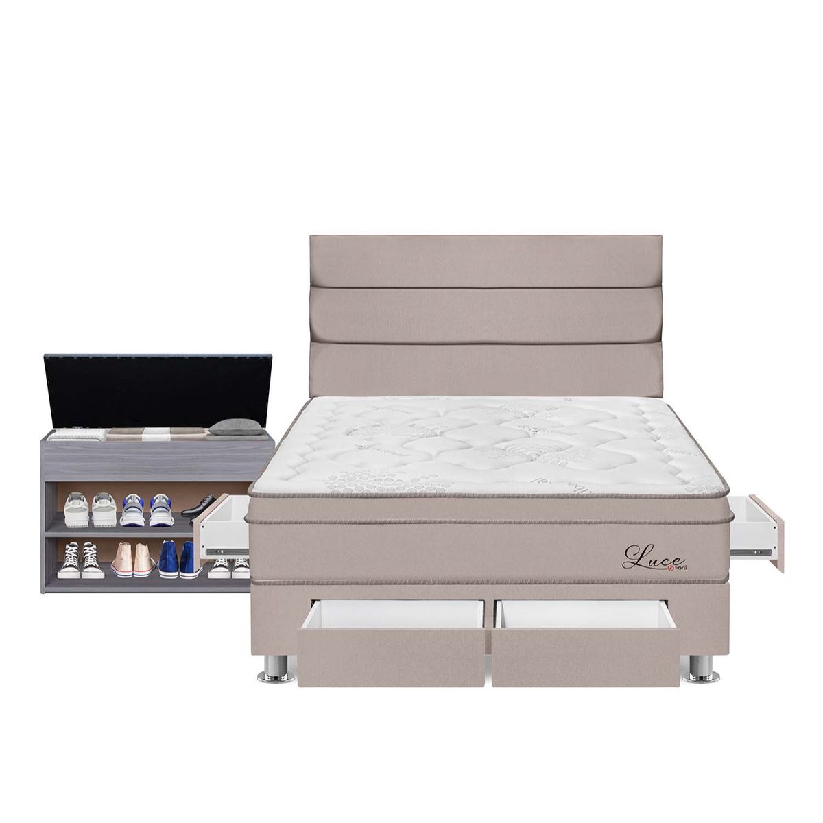 FORLI - Dormitorio Con Cajones Luce Pocket Queen + Zapatera + 2 Almohadas + Protector Forli