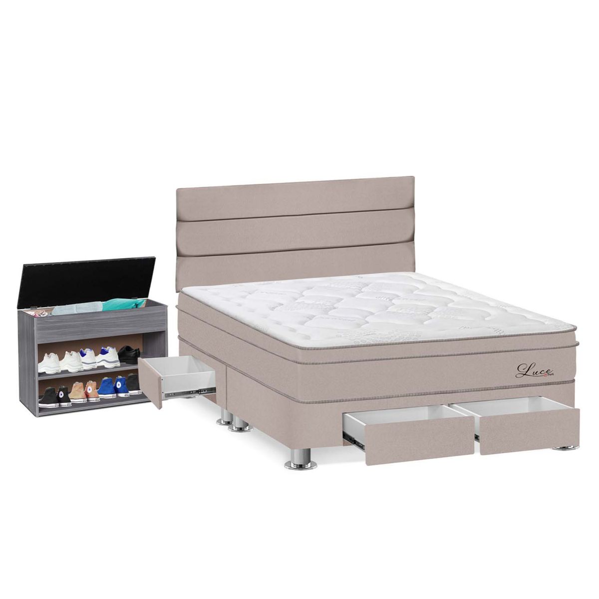 FORLI - Dormitorio Con Cajones Luce Pocket Queen + Zapatera + 2 Almohadas + Protector Forli