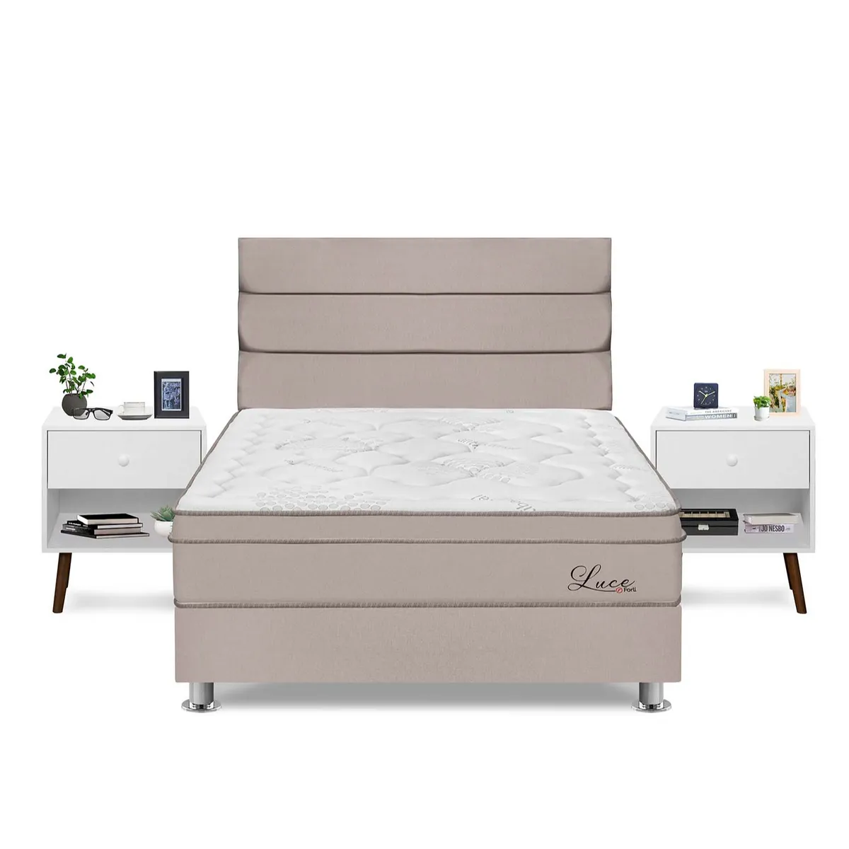 FORLI - Dormitorio Luce Pocket Queen + 2 Veladores + 2 Almohadas + Protector Forli