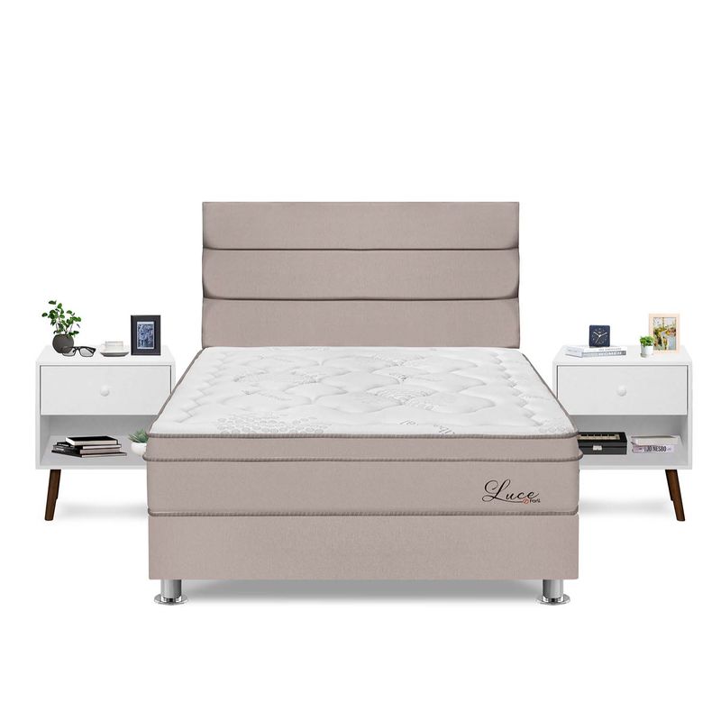 FORLI - Dormitorio Luce Pocket Queen + 2 Veladores + 2 Almohadas + Protector Forli