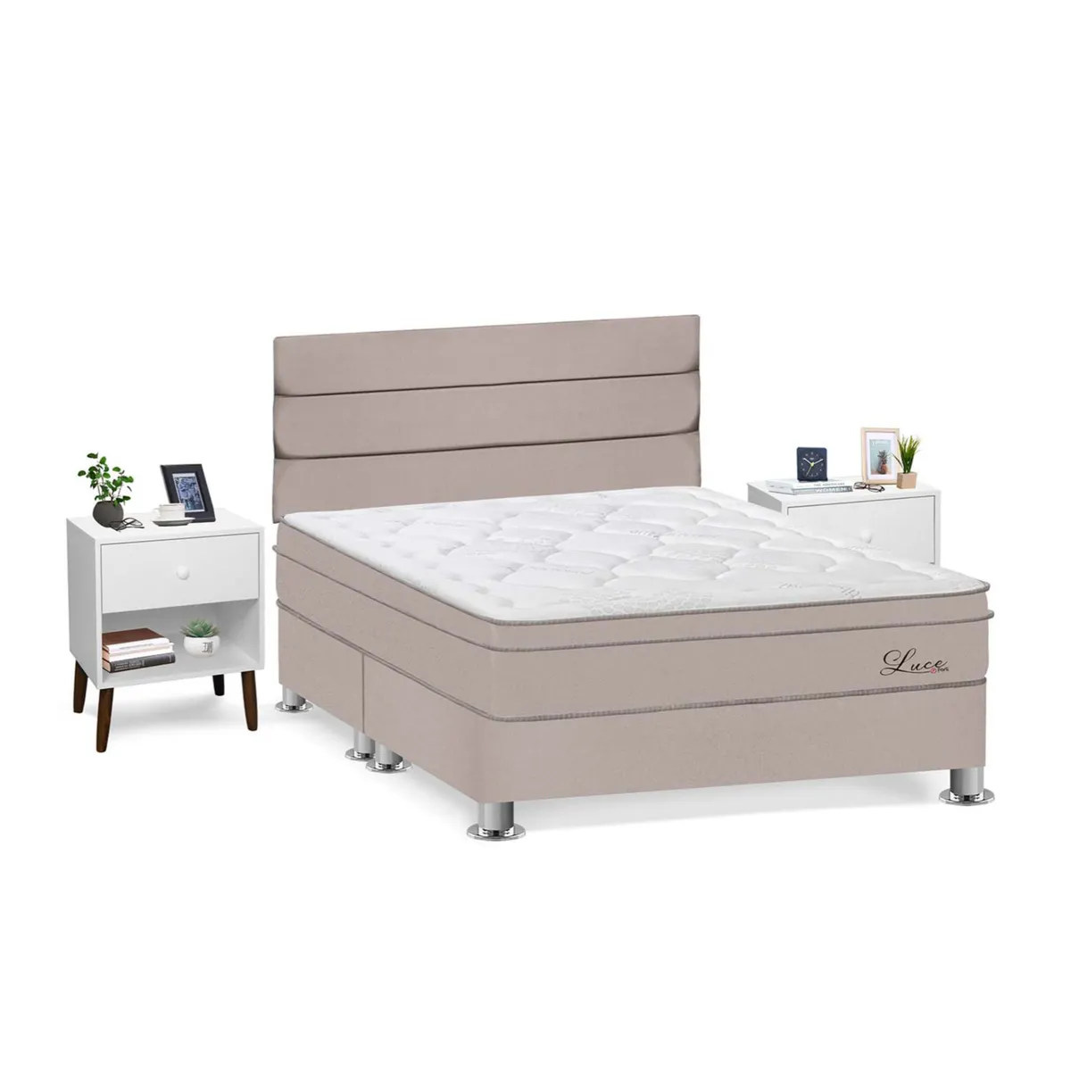 FORLI - Dormitorio Luce Pocket Queen + 2 Veladores + 2 Almohadas + Protector Forli