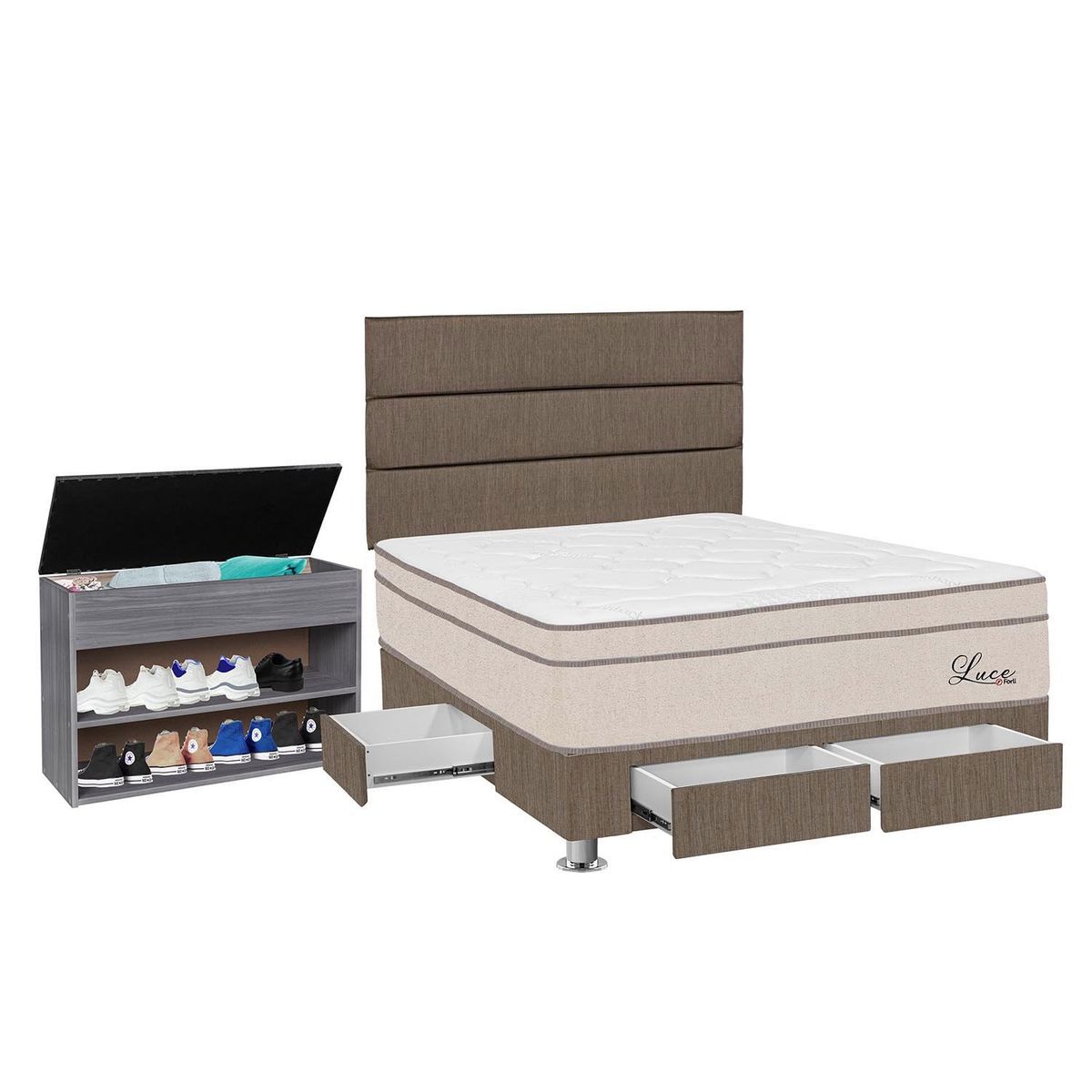 FORLI - Dormitorio Con Cajones Luce Pocket 2 Plz Marrón + Zapatera + 2 Almohadas + Protector Forli