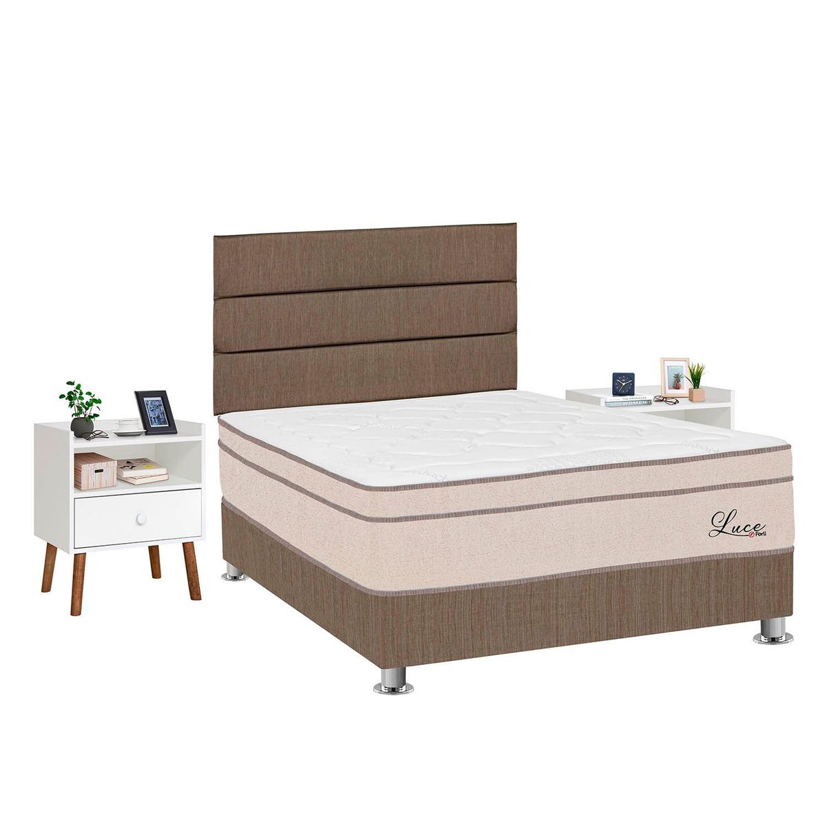 FORLI - Dormitorio Luce Pocket 2 Plz Marrón + 2 Veladores + 2 Almohadas + Protector Forli