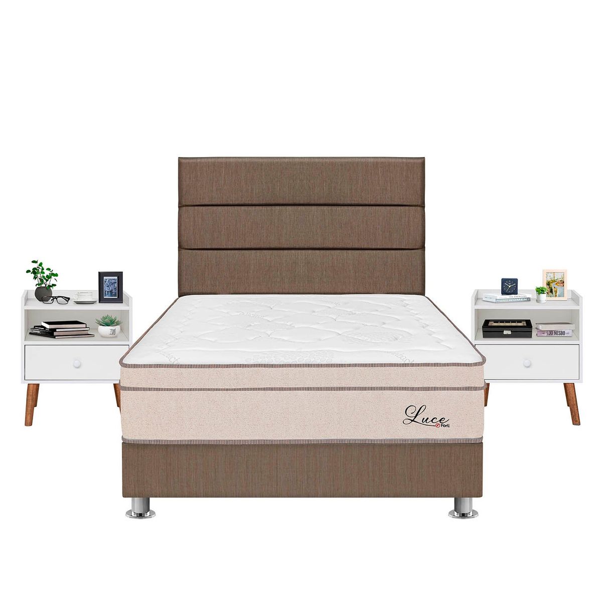FORLI - Dormitorio Luce Pocket 2 Plz Marrón + 2 Veladores + 2 Almohadas + Protector Forli