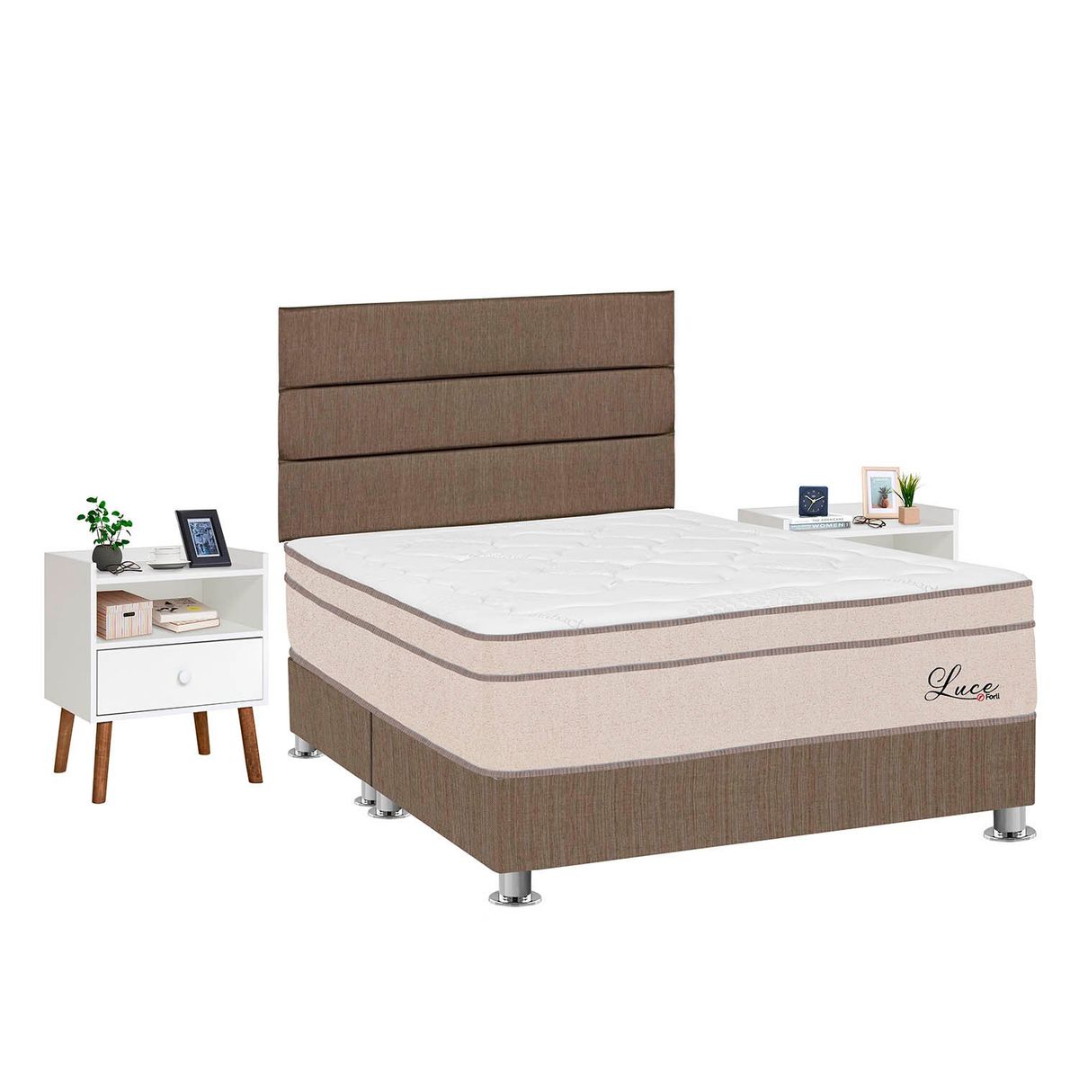 FORLI - Dormitorio Luce Pocket Queen Marrón + 2 Veladores + 2 Almohadas + Protector Forli