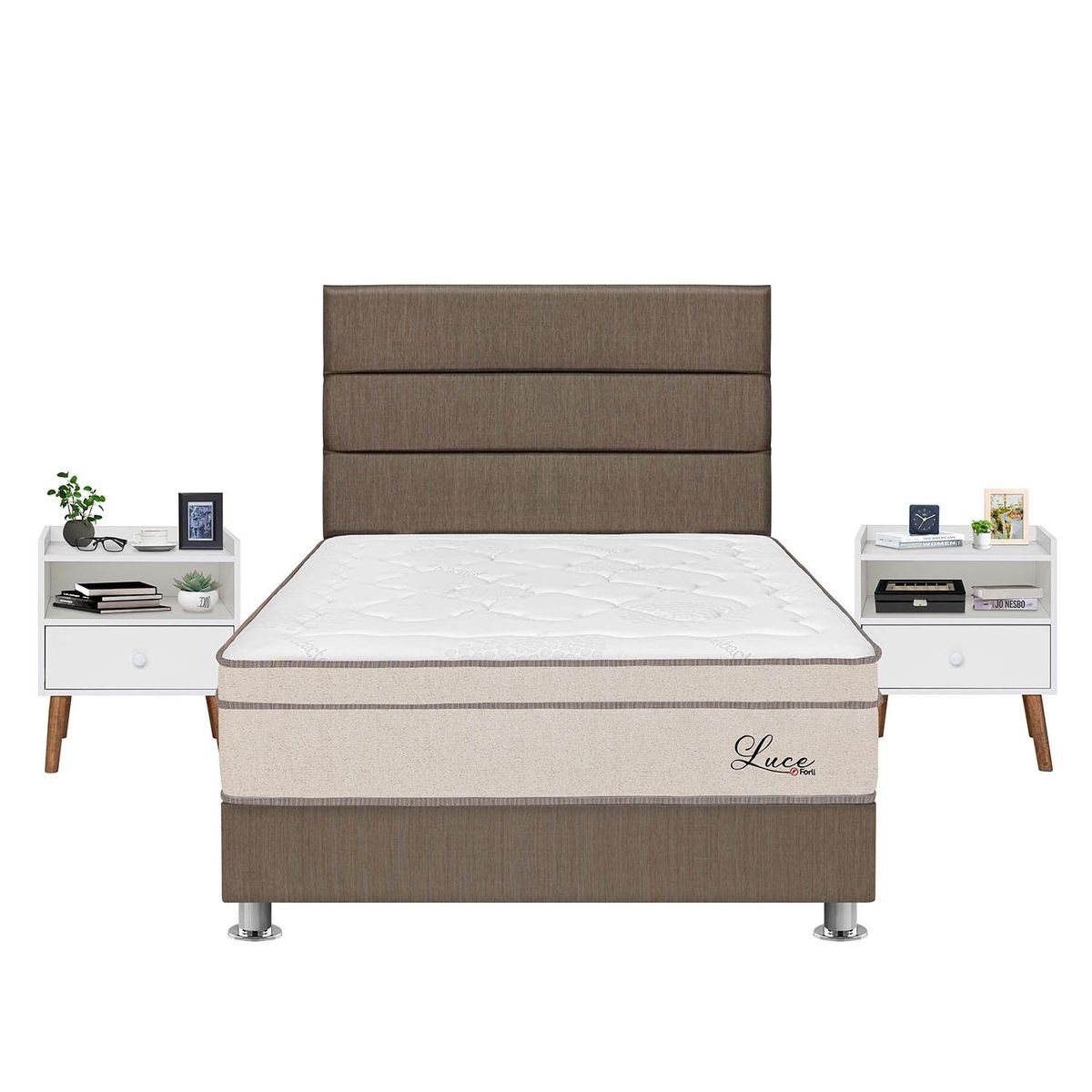 FORLI - Dormitorio Luce Pocket Queen Marrón + 2 Veladores + 2 Almohadas + Protector Forli