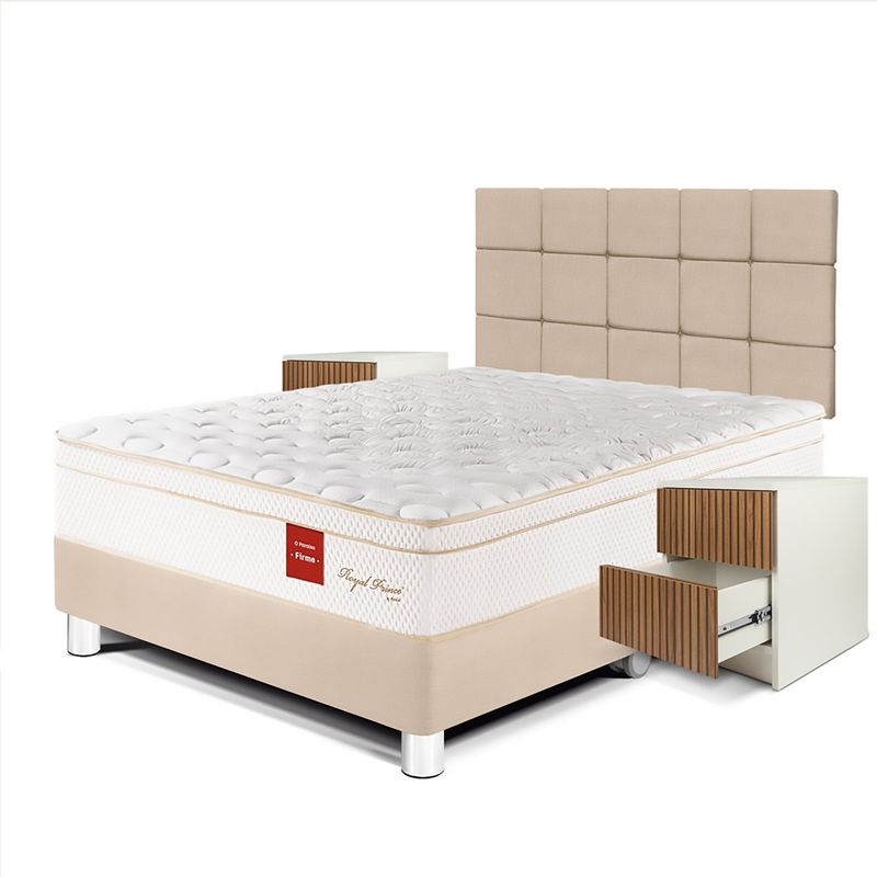 PARAISO - Dormitorio Royal Prince Firme Blocks Queen + 2 Veladores + 2 Almohadas Viscoelásticas + Protector