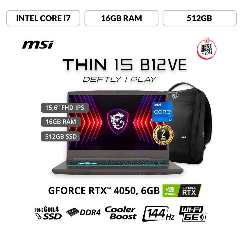 MSI - Gamer MSI Intel Core i7 RTX4050 16GB 512GB SSD Thin 15 B12ve 12° Gen 15.6"