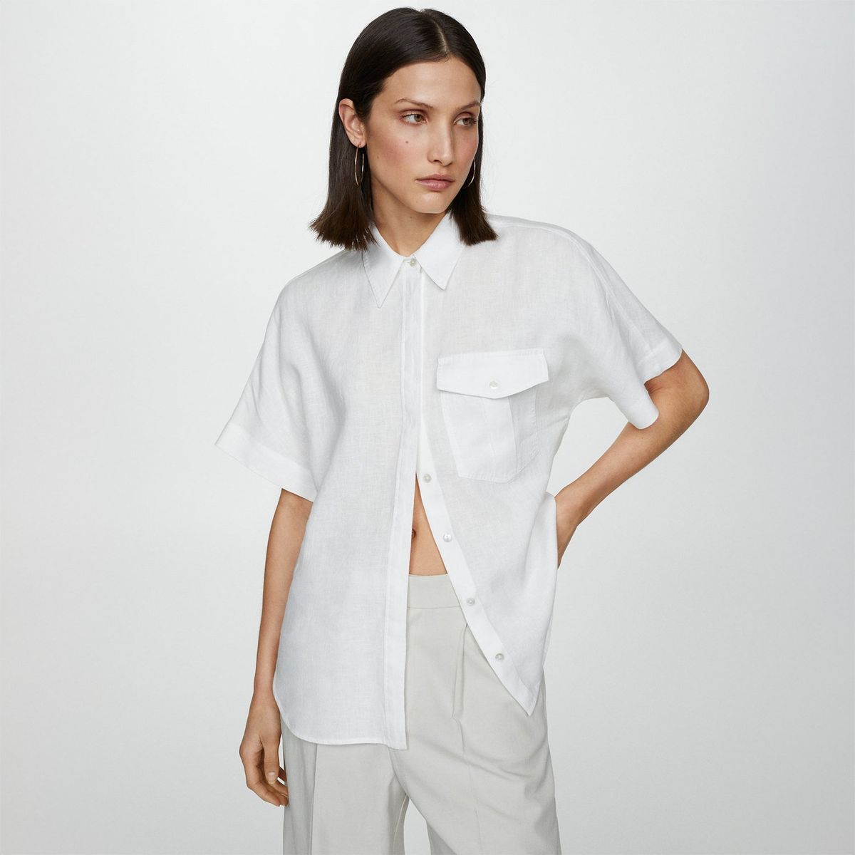 MANGO - Blusa Manga Corta 100% Lino Mujer Mango