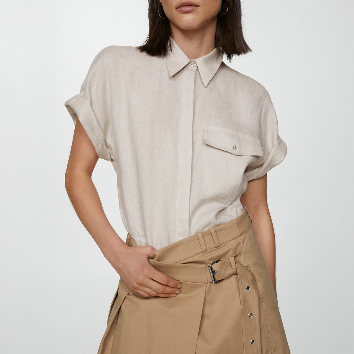 MANGO - Blusa Manga Corta 100% Lino Mujer Mango