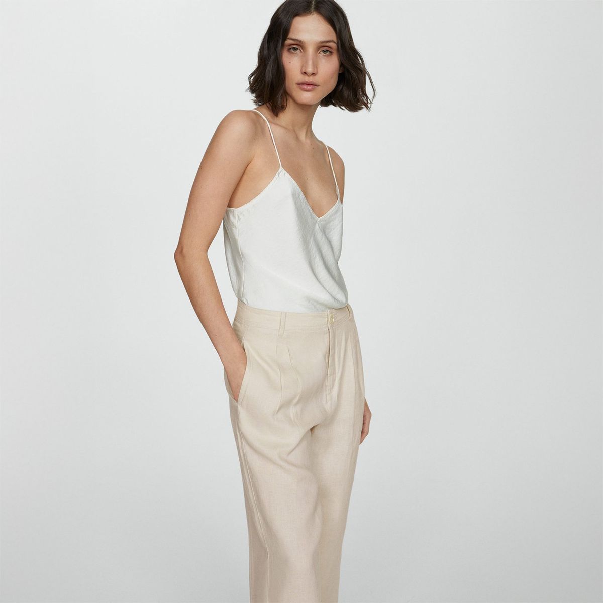 MANGO - Pantalón Wide 100%  Lino Mujer Mango