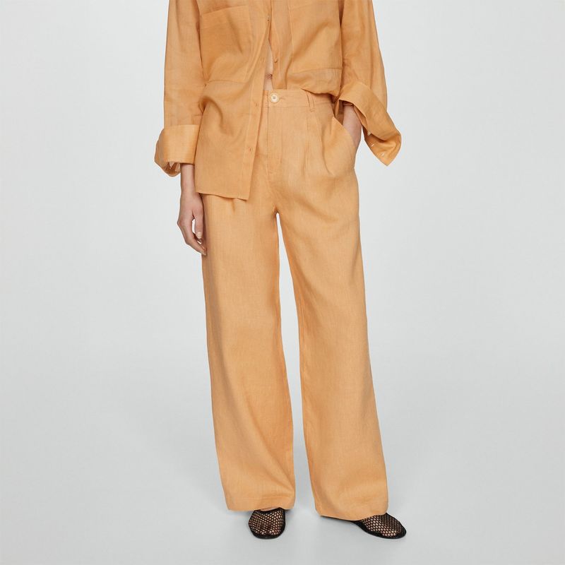 MANGO - Pantalón Wide 100%  Lino Mujer Mango
