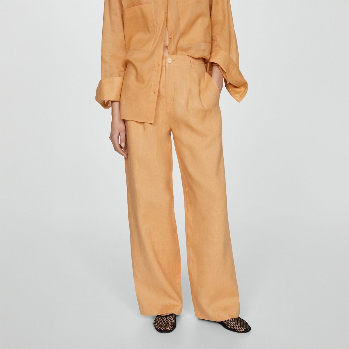 MANGO - Pantalón Wide 100%  Lino Mujer Mango