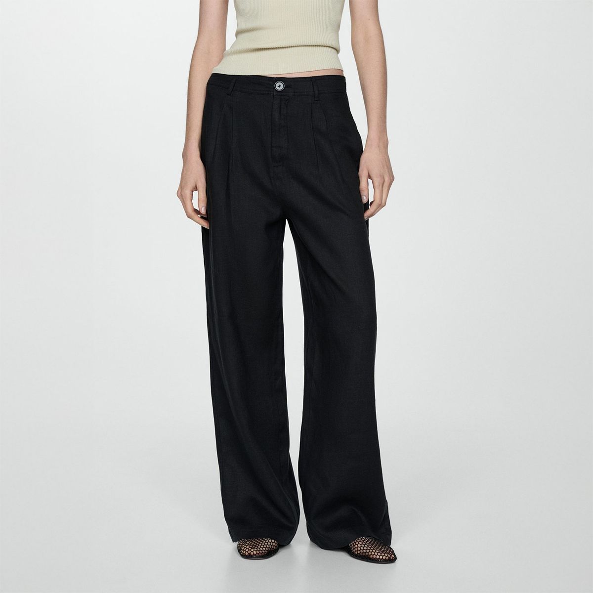 MANGO - Pantalón Wide 100%  Lino Mujer Mango