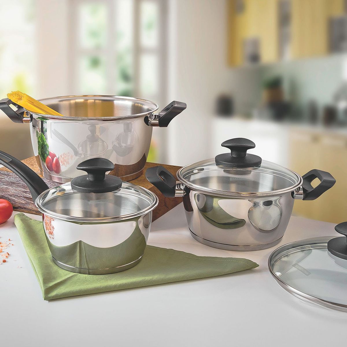 TRAMONTINA - Juego De Ollas 6 Piezas Acero Inoxidable Allegra + Cubiertos 24 Piezas Malibu