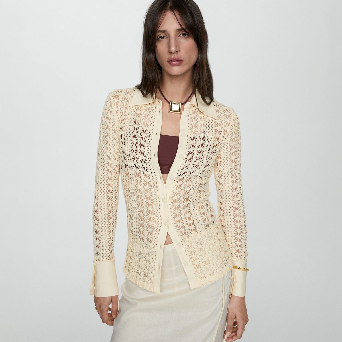 MANGO - Blusa Manga Larga Algodón Mujer Mango