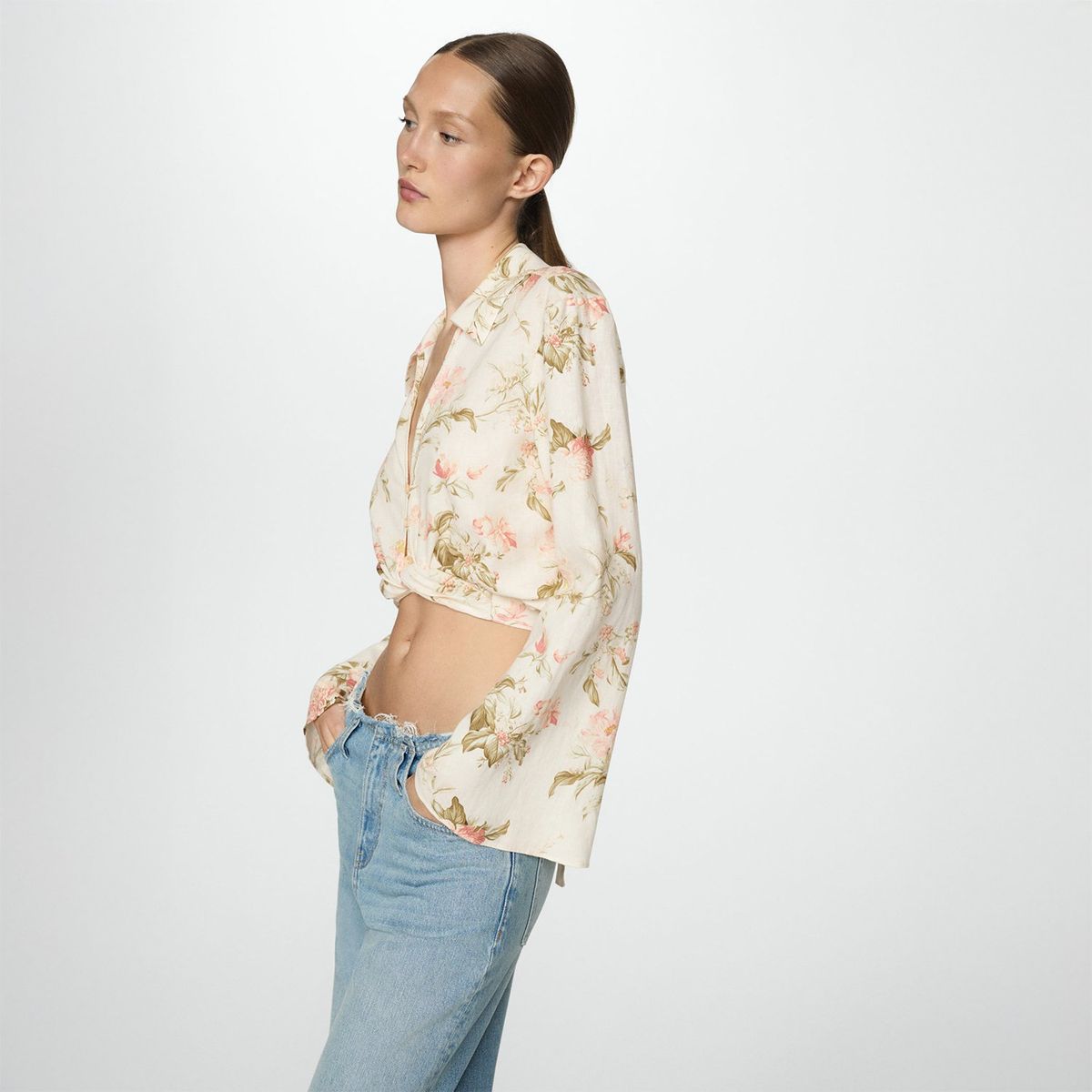 MANGO - Blusa Manga Larga Lino Mujer Mango