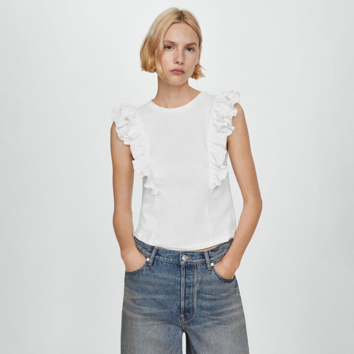 MANGO - Blusa Manga Corta 100% Algodón Mujer Mango