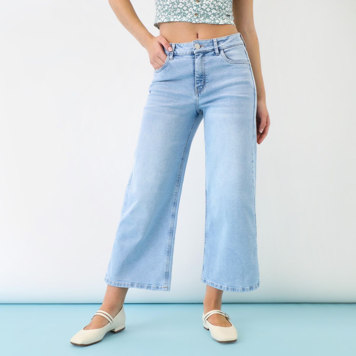 AMERICAN ABBEY - Jean Wide Leg Cropped Algodón Mujer