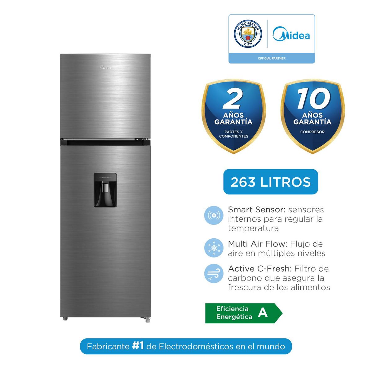 MIDEA - Refrigeradora Top Mount No Frost 263L Inox MDRT385MTR46PEW