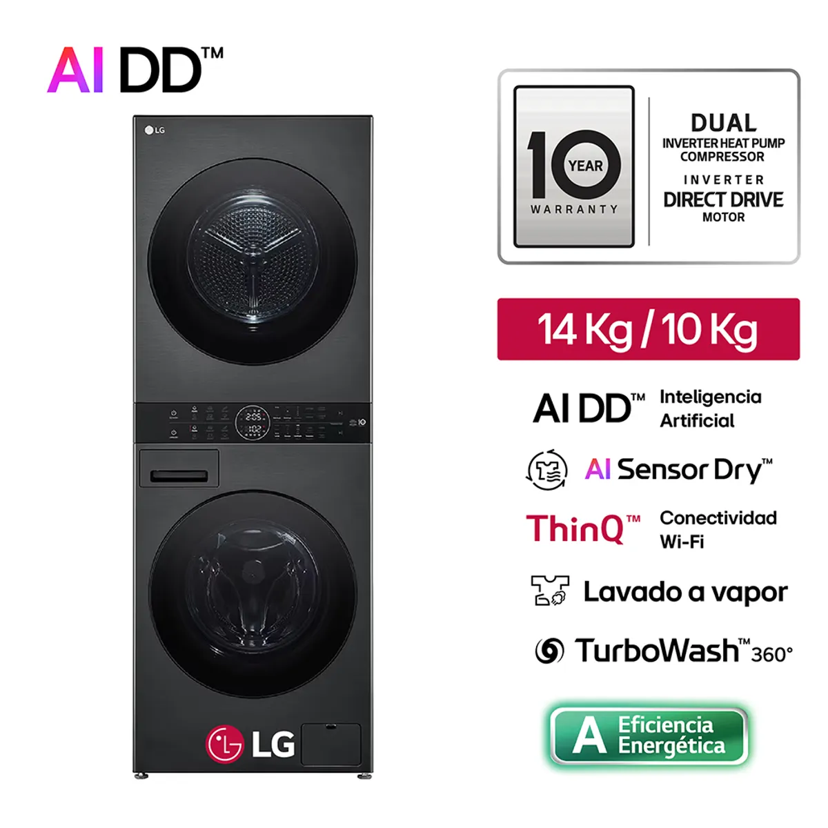 LG - Centro De Lavado WK14BS6R 14/10 Kg AI DD Carga Frontal Negro Plateado LG
