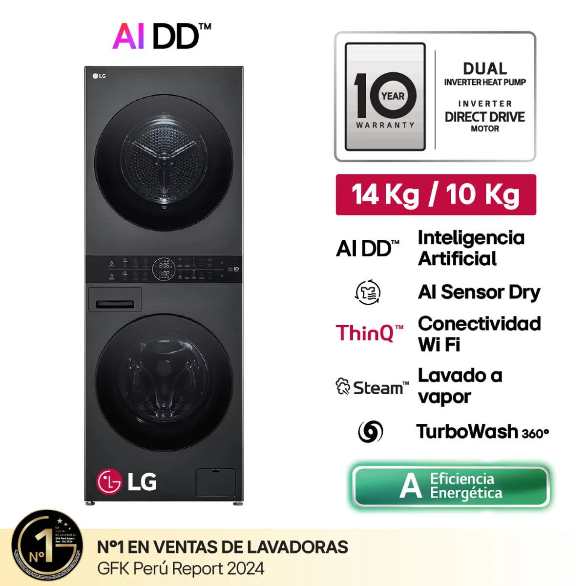 LG - Centro De Lavado WK14BS6R 14/10 Kg AI DD Carga Frontal Negro Plateado LG