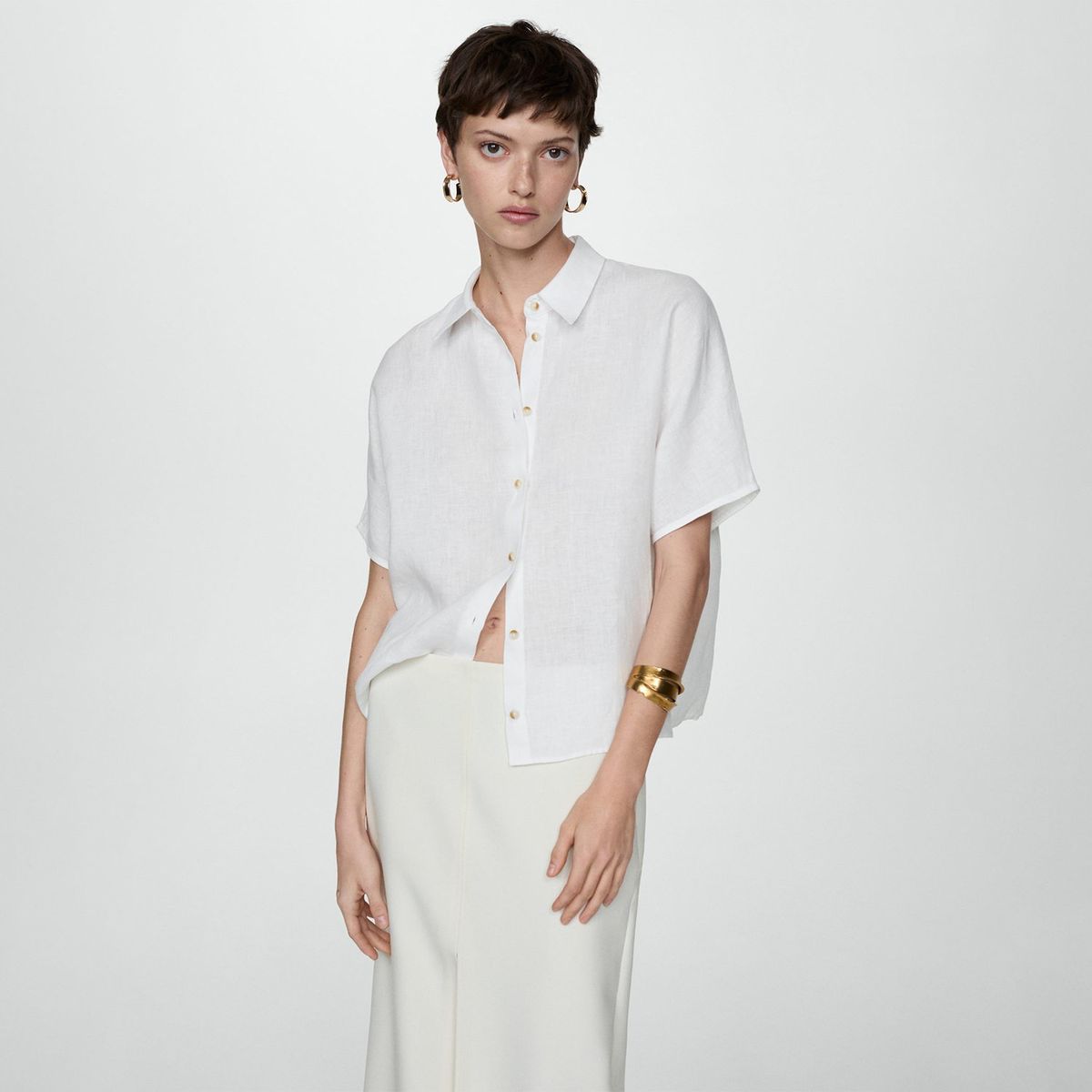 MANGO - Blusa Manga Corta 100% Lino Mujer Mango