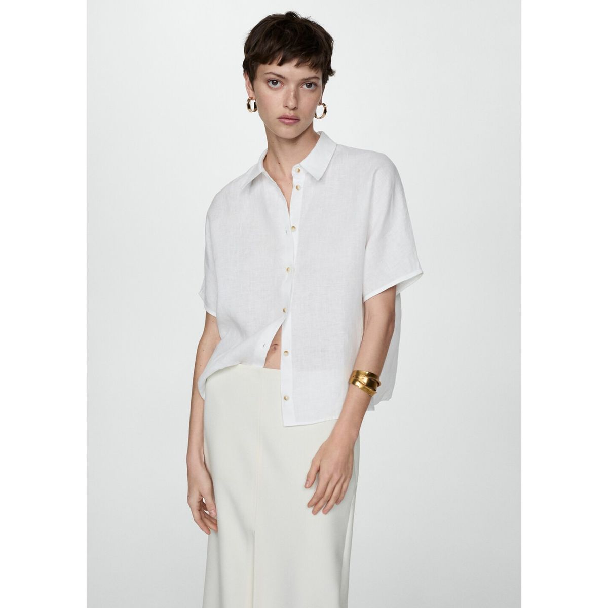 MANGO - Blusa Manga Corta 100% Lino Mujer Mango