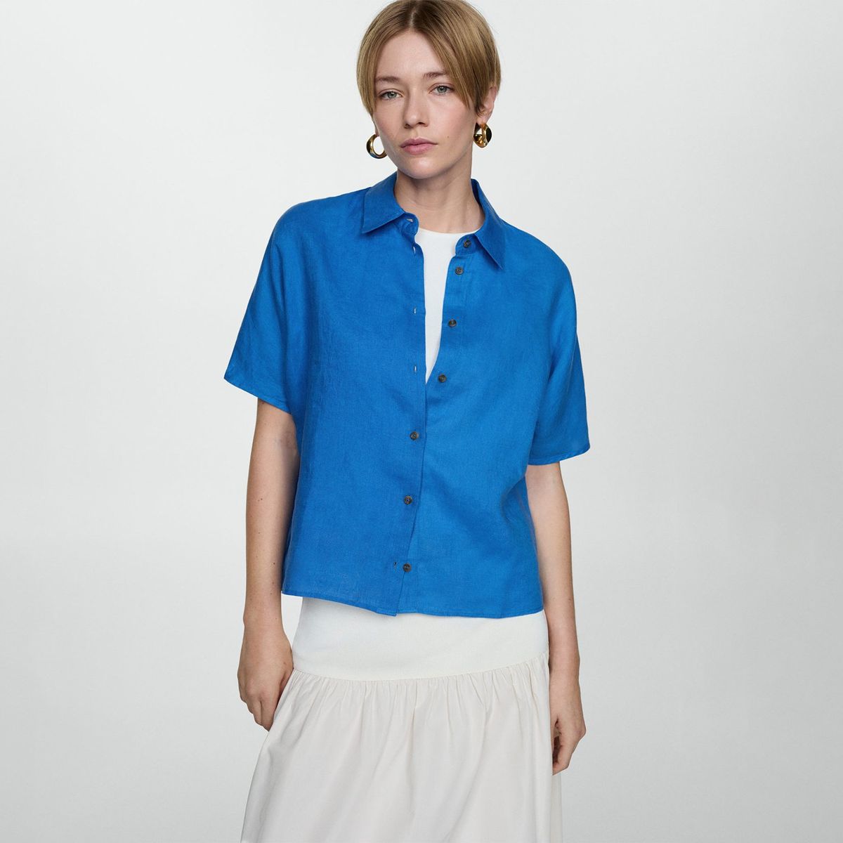 MANGO - Blusa Manga Corta 100% Lino Mujer Mango