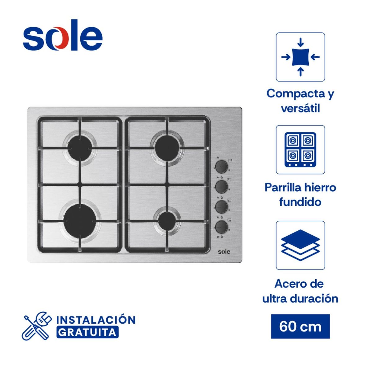 SOLE - Encimera Acero Inoxidable Gas 4q Compacta