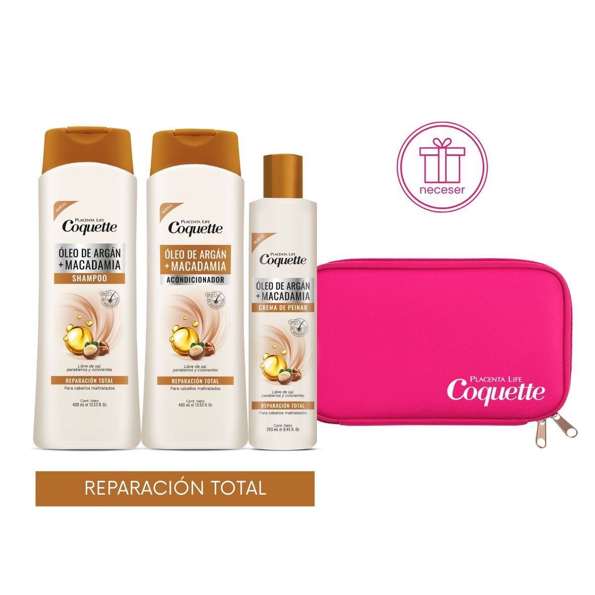 COQUETTE - Set Para Cabello Maltratado Óleo De Argan y Macadamia + Neceser de Regalo Coquette