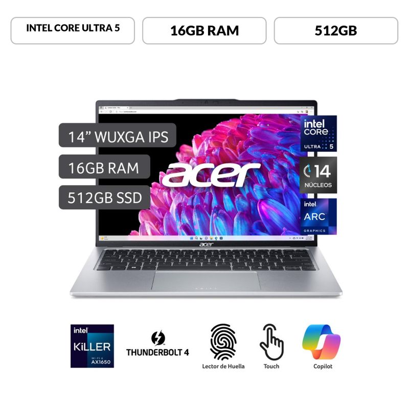 ACER - Laptop Intel Core Ultra 5 16gb 512sd W11 Copilot Swift 14"
