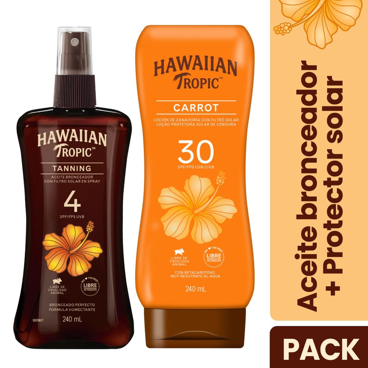 HAWAIIAN TROPIC - Pack Hawaiian Tropic Loción Carrot 240ml + Aceite Bronceador 240ml