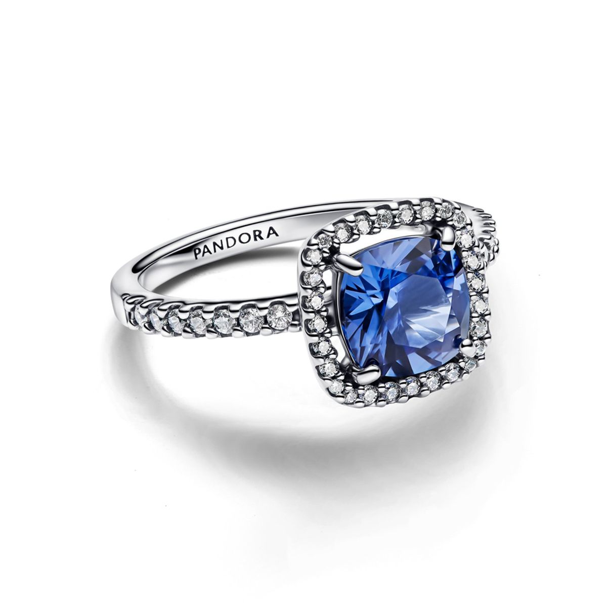 PANDORA - Anillo Declaración Halo Cuadrado Azul Brillante