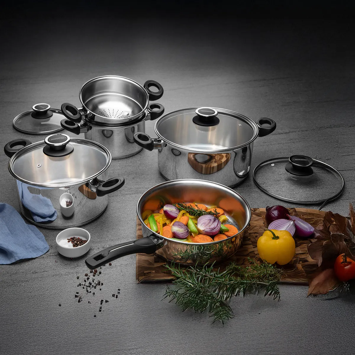 TRAMONTINA - Juego Ollas 11 Piezas Acero Inoxidable New Solar