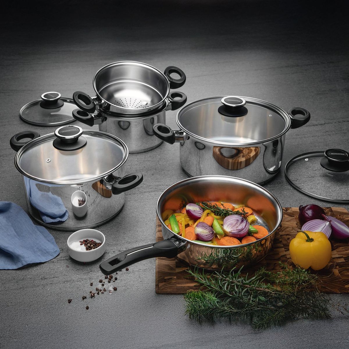 TRAMONTINA - Juego de Ollas 9 Piezas Acero Inoxidable New Solar