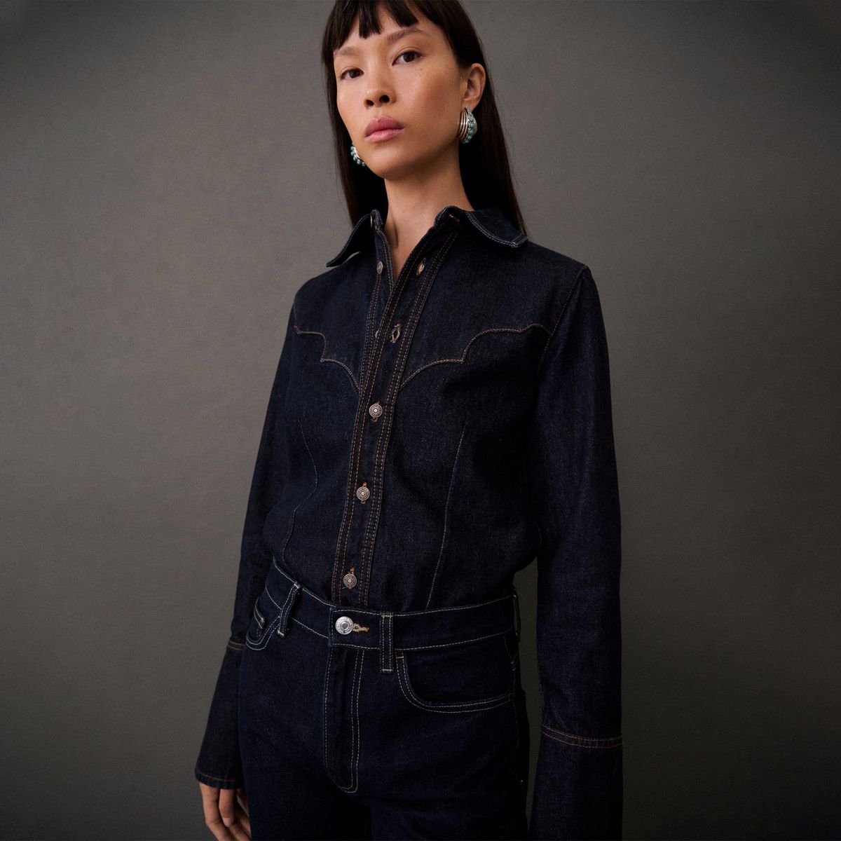 MANGO - Camisa Jean Manga Larga 100% Algodón Mujer Mango