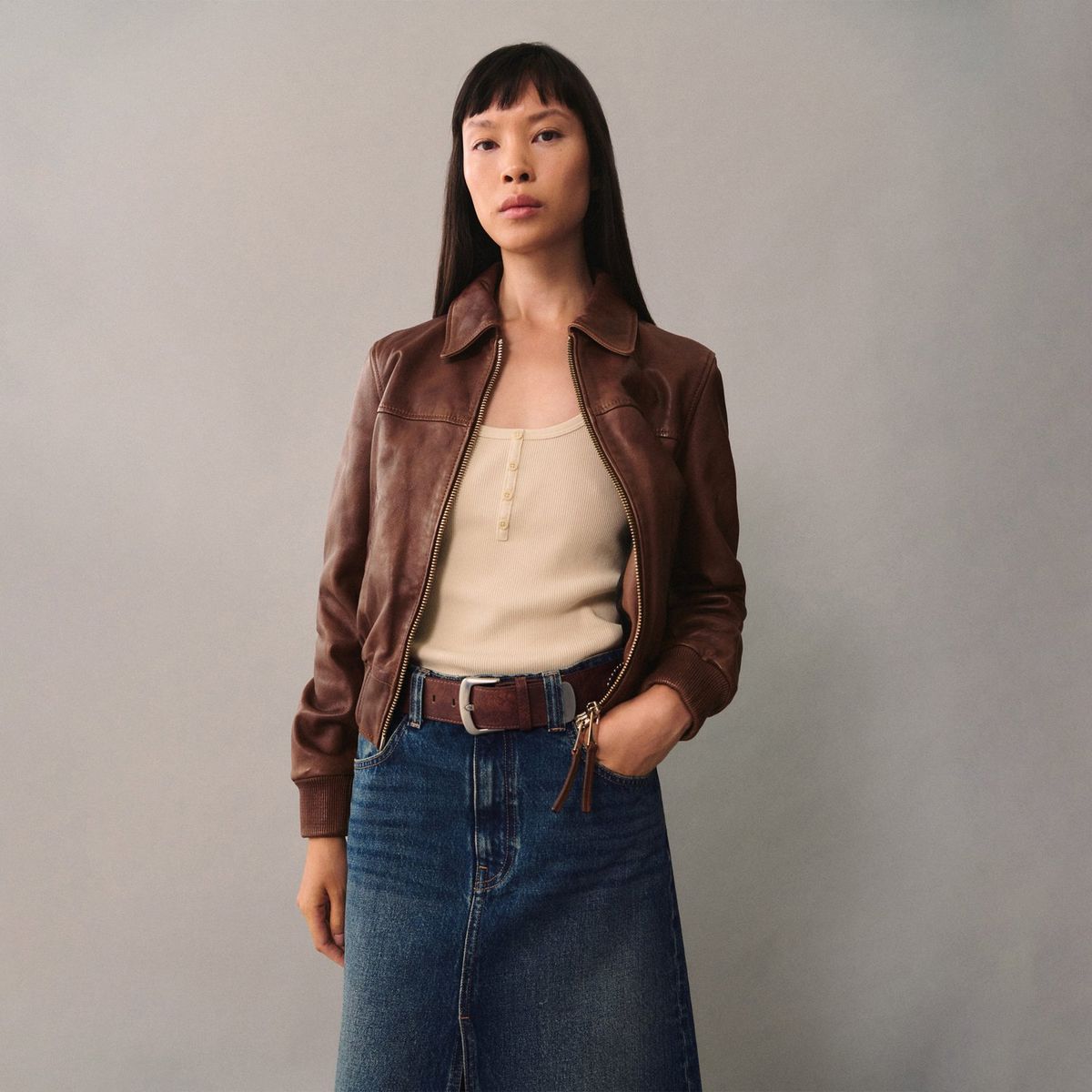 MANGO - Casaca Casual 100% Cuero Mujer Mango