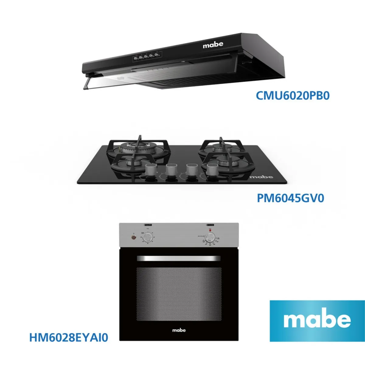 MABE - Combo Campana Utilitaria CMU6020PB0 + Cocina empotrable PM6045GV0 + Horno empotrable eléctrico HM6028EYAI0
