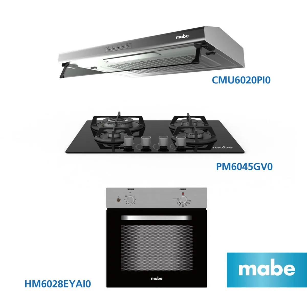 MABE - Combo Campana Utilitaria CMU6020PI0 + Cocina empotrable PM6045GV0 + Horno empotrable eléctrico HM6028EYAI0