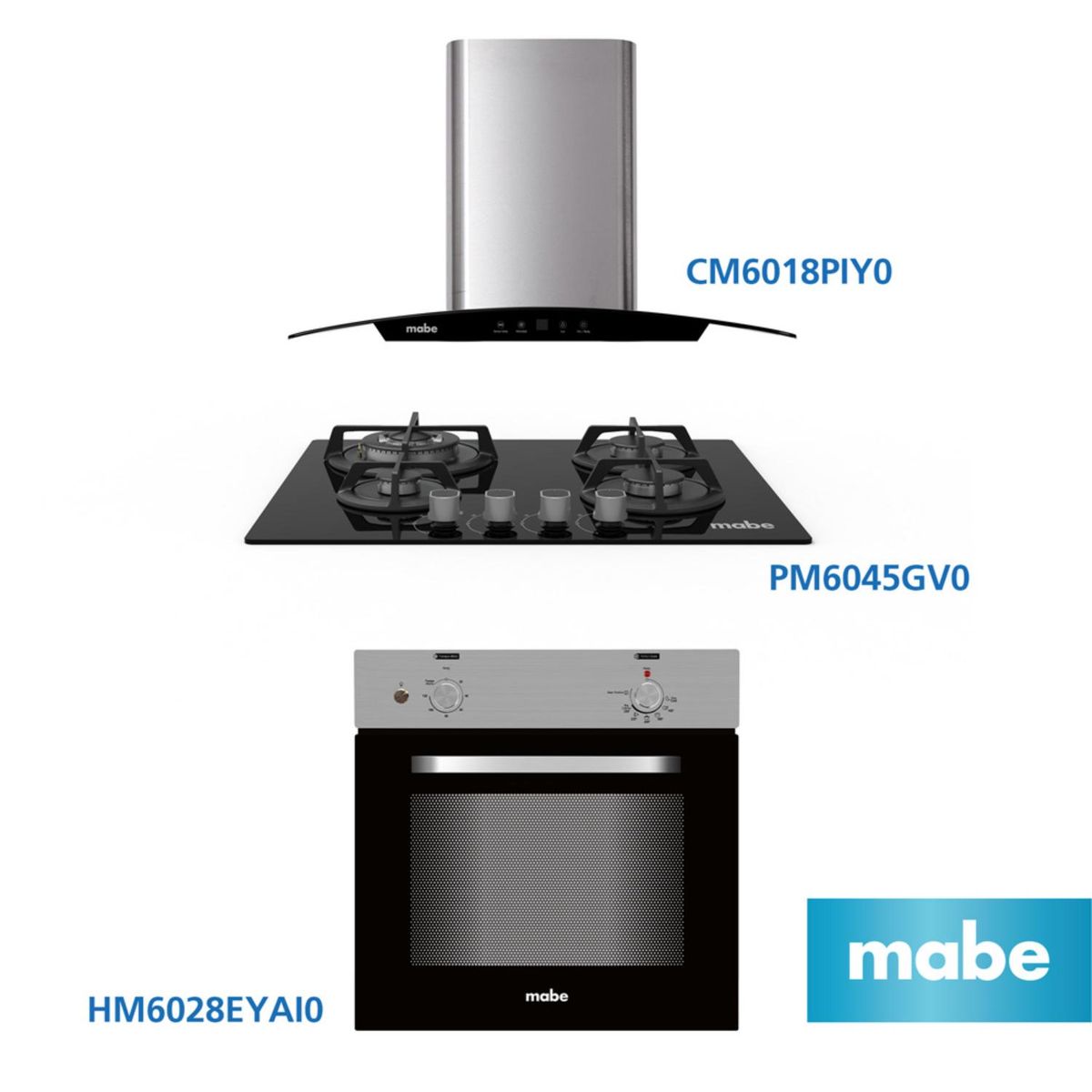 MABE - Combo Campana Decorativa CM6018PIY0 + Cocina empotrable PM6045GV0 + Horno empotrable eléctrico HM6028EYAI0