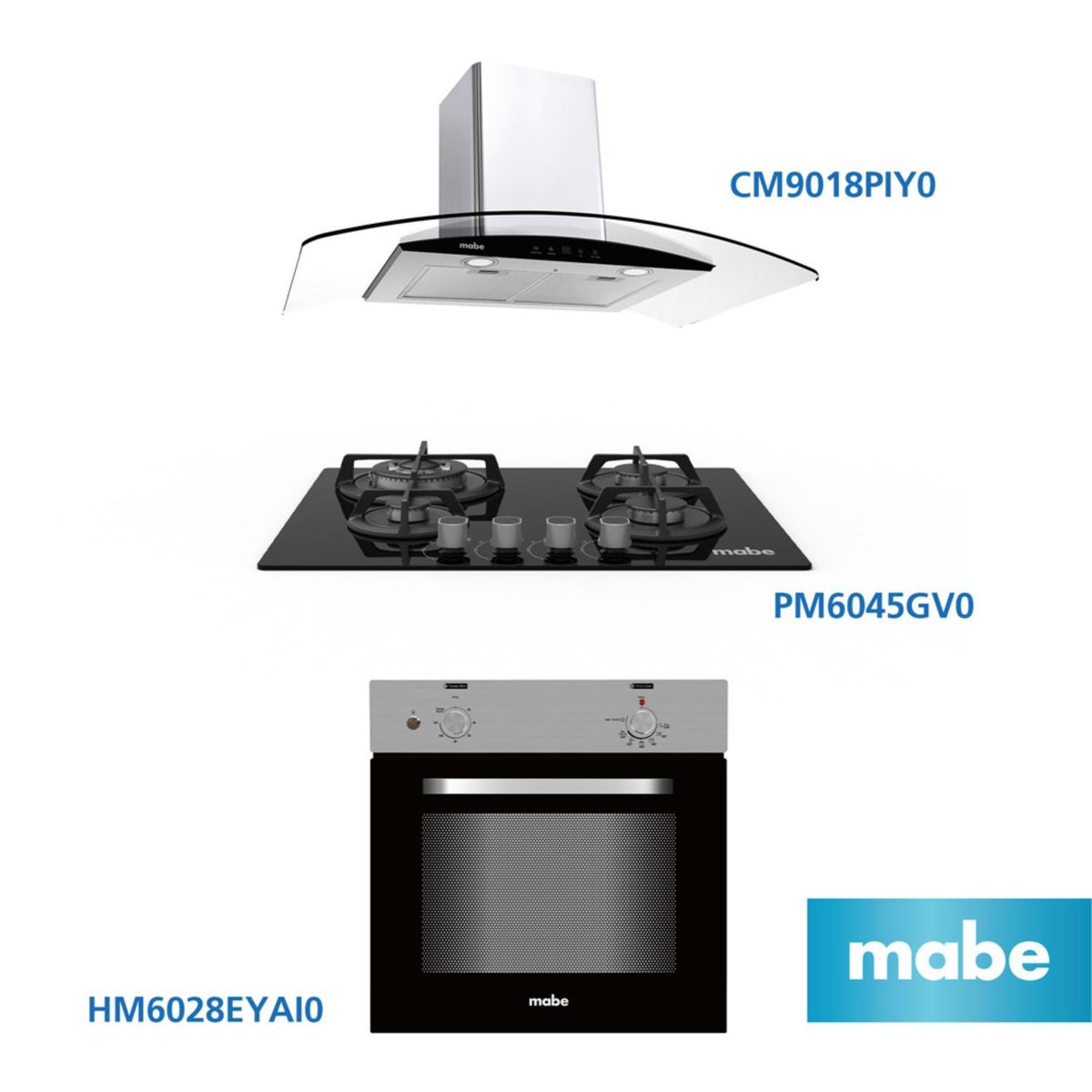 MABE - Combo Campana Decorativa CM9018PIY0 + Cocina empotrable PM6045GV0 + Horno empotrable eléctrico HM6028EYAI0